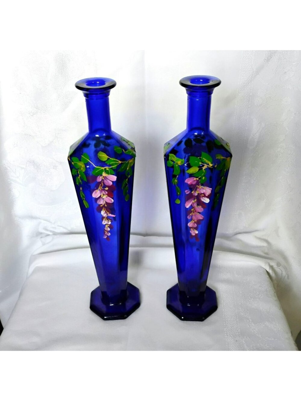 Pair of Vintage Hand-Painted Cobalt Blue Glass Vases, Tall Tapered Bottles